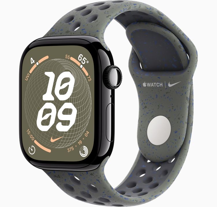 Apple Watch Series 10 (GPS 42mm) -  Jet Black Aluminum Case with Cargo Khaki Nike Sport Band